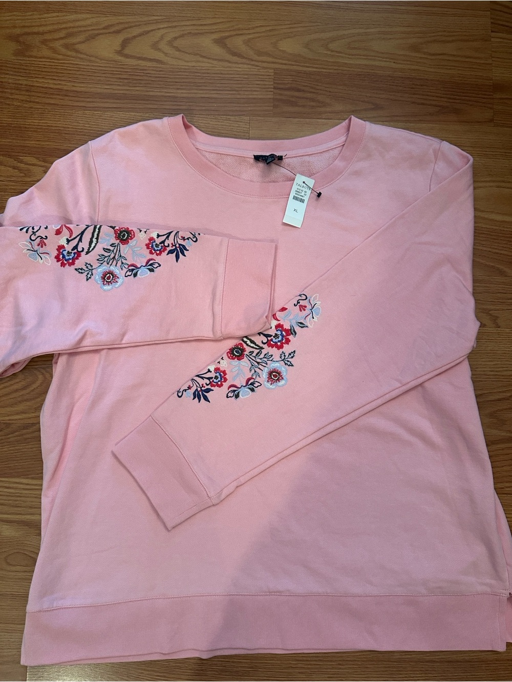 Talbots Light Pink Crewneck Sweatshirt with Floral Sleeve Embroidery